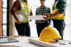 Engineer teams meeting working together wear worker helmets hardhat on construction site in modern city.